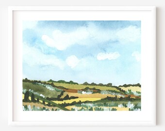 Tuscan Landscape Watercolor Art Print: Italy Green Hills