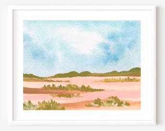 Desert Landscape Watercolor Giclee Art Print: Pinkish Desert, Blue Skies