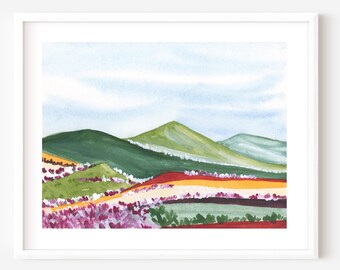 Emerald Berry Valley Watercolor, Mountain Landscape Art Print
