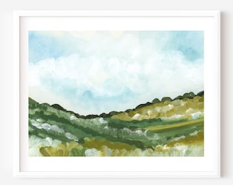 Green Valley Landscape Print: Rolling Hills Watercolor Fine Art