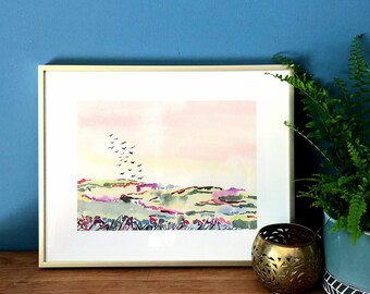 Pink Misty Landscape Watercolor Art Print: Impressionist Valley Decor