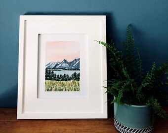Wildflower Lake Art Print: Mountain Landscape Watercolor Painting