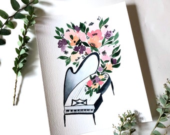 Floral Piano Watercolor Art Print: Musician Gift, Piano Illustration