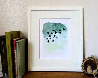 Birds in Flight Watercolor Art Print: Green Nursery Decor