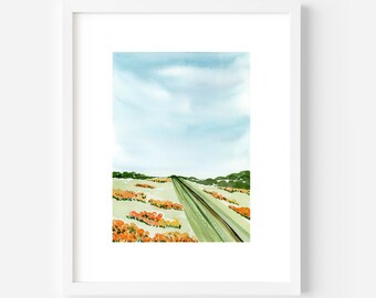 Poppy Dream Modern Watercolor Landscape Art Print: Serene Field Painting