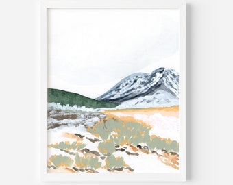 Snowy Mountain Wall Art, Mountain Desert Watercolor Painting, Mountain Valley Fine Art Print, Snowy Desert Wall Decor, Mountain Landscape