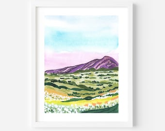 Rainbow Meadows Art Print: Colorful Mountain Landscape Watercolor