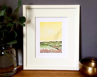 Yellow Landscape Watercolor Art Print: Wildflower Field Painting