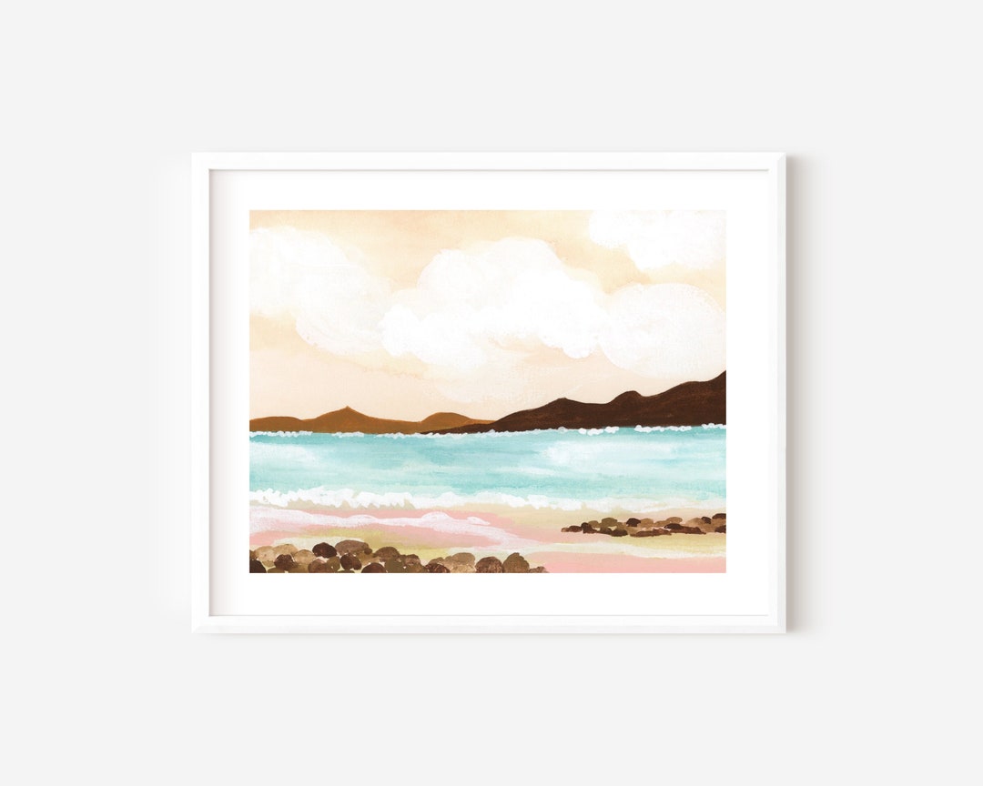 Beach Landscape Art Print, Pink Beach Wall Art, Beach Watercolor