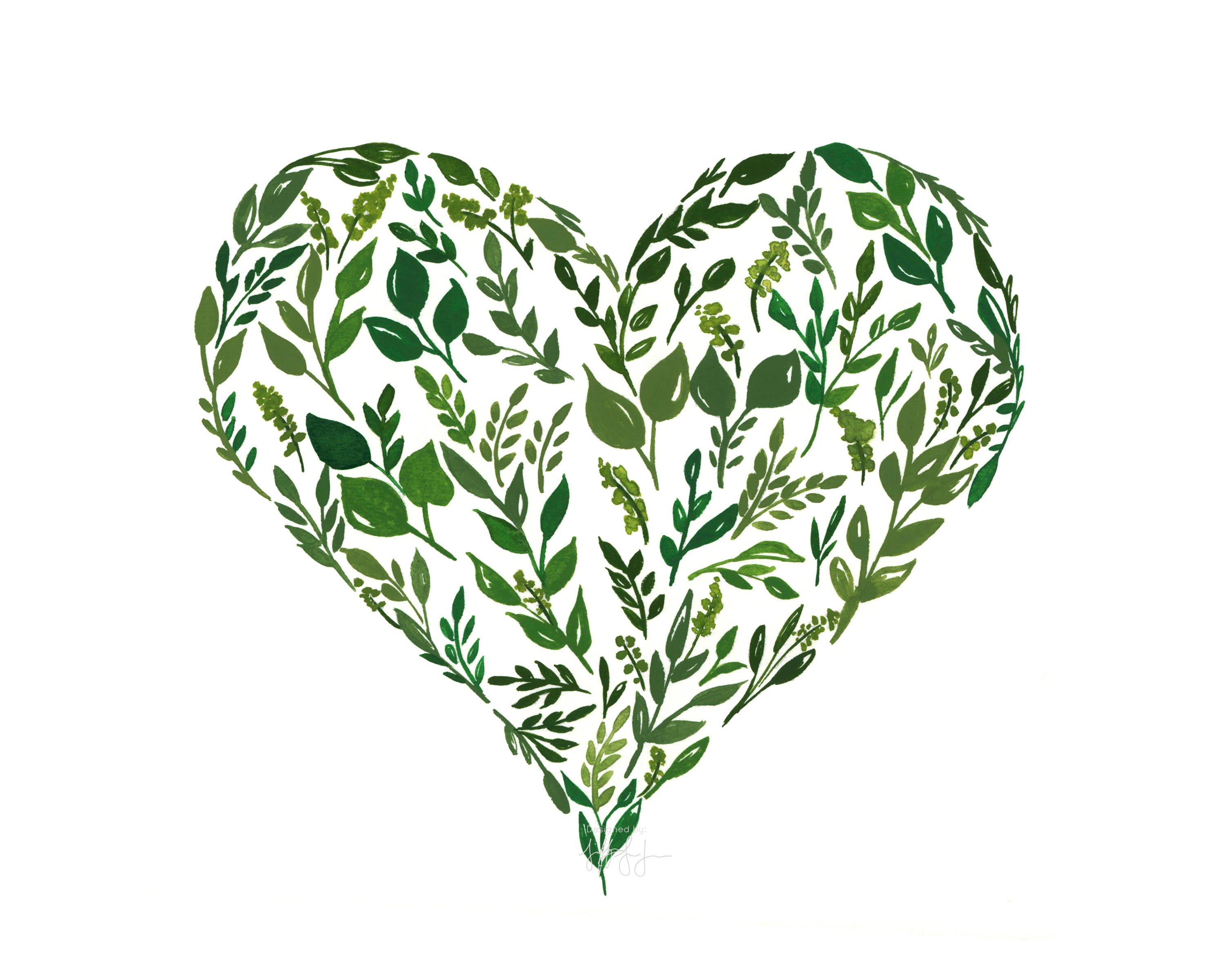 Green Leaves Heart Print, Valentine's Day Decor, Green Leaf Watercolor