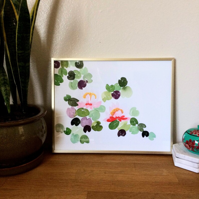 Lotus Flower Art Print, Lily Pad Painting, Lily Pad Decor, Lotus Flower
