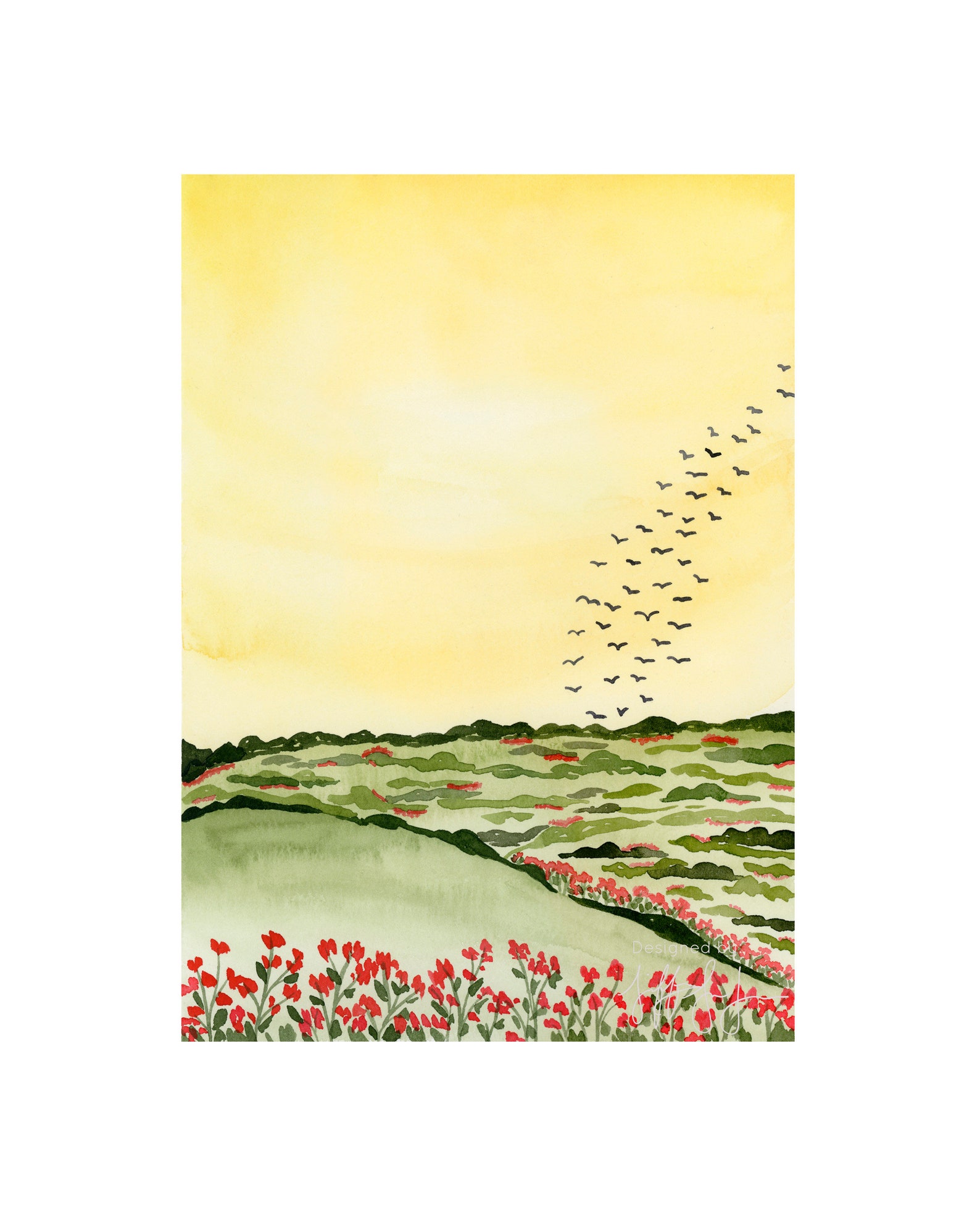 Yellow Landscape Print, Wildflower Art Landscape Painting, Watercolor