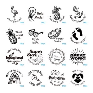 May include: A set of 14 black and white rubber stamps with various motivational messages and images. The stamps are circular and feature designs such as a pineapple, a flamingo, a pair of sunglasses, a lightbulb, a rainbow, a heart, a star, a footprint, an anchor, and a brain. The text on the stamps includes phrases like "Good Choices!" "Role Model" "Teacher's Choice!" "Fantastic Behavior!" "Think About It." "Ready To Learn." "Parent Contact" "Some Next Steps..." "Miss Young Says Magical Progress!" "Super Star!" "From The Library Of Miss Young" "Great Work!" "Miss Young Loves It!" "Great Ideas!" "Brainstorm Miss Young Says" and "Miss Young Loves Your Work!"
