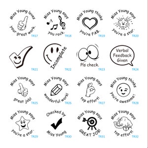 May include: A set of 12 black and white teacher stamps with various positive messages and images. The stamps are circular and have a black border. The messages include "You rock", "You're a star", "Great Job", "Top Effort", "Wonderful Work", "Checked by Miss Young", "Verbal Feedback Given", "Pls check", "Incomplete", "Miss Young loves your great work", "Miss Young says you rock", "Miss Young thinks you're FAB", "Miss Young says you're a star", "Miss Young says great job", "Miss Young says wonderful work", "Miss Young says top effort", "Miss Young thinks you're awesome", "Miss Young says you're a star", "Checked by Miss Young", "Miss Young says GREAT JOB", "Miss Young says top effort".