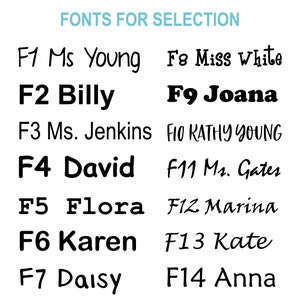 May include: A chart of 14 different fonts labeled F1 through F14. Each font is displayed with a name, such as Ms Young, Billy, Joana, and Karen.