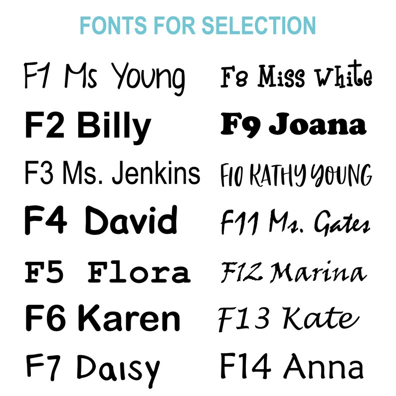 May include: A chart of 14 different fonts labeled F1 through F14. Each font is displayed with a name, such as Ms Young, Billy, Joana, and Karen.