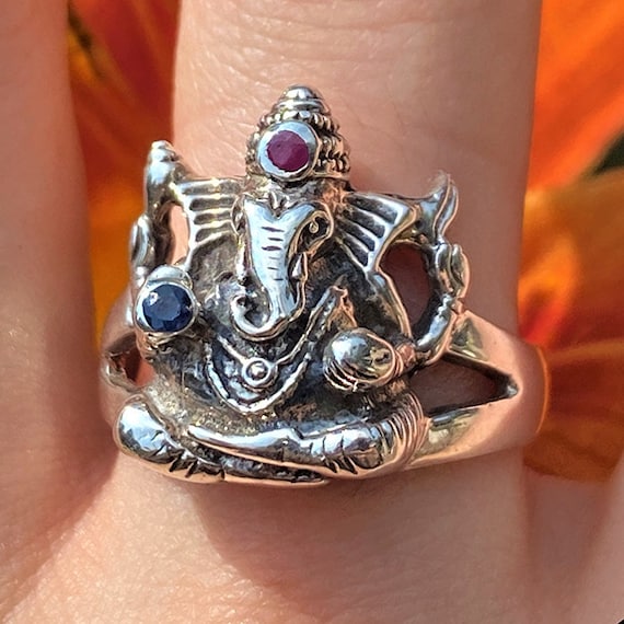 Ganesh Ring Sterling Silver With Sapphire and Ruby Gemstones Etsy