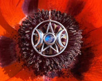 Sterling Silver Pentacle Pendant With Triple Goddess and  Cabochon Center Stone: Amethyst, Black Onyx, Moonstone, Garnet, & Synthetic Opal