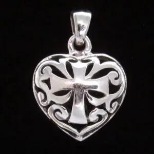 Colgante de cruz en forma de corazón en plata de ley / Emblema tridimensional del amor y la fe