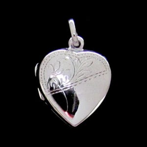 Sterling Silver Engraved Heart Locket - Floral Pattern Keepsake Pendant with Hidden Photo Compartment
