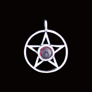 Sterling Silver Pentacle Pendant With Center Stone Cabochon. Available with: Garnet, Moonstone, Black Onyx, and Synth. Opal