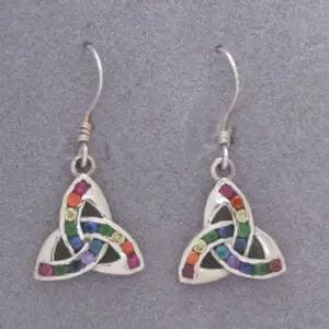 Sterling Silver Triquetra Dangle Earrings with Rainbow Crystals - Celtic Symbol of Balance and Eternal Unity