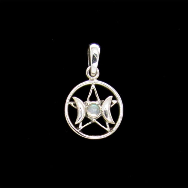 Small Sterling Silver Pentacle Pendant With Triple Goddess and Cabochon Center Stone: Amethyst,  Moonstone, and Garnet.
