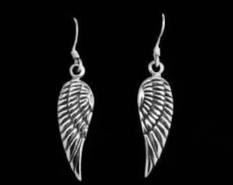 Sterling Silver Angel Wing Dangle Earrings - 23mm Detailed Spiritual Design