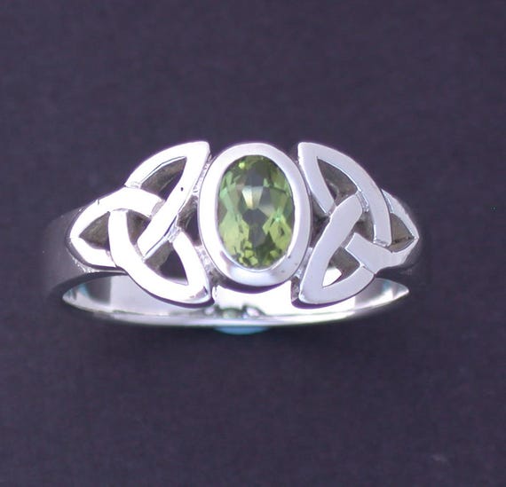 Natural Peridot Sterling Silver Ring - Filigree Triquetra Celtic Knot Bypass Design, Size 5.5 | 925 Silver Jewelry For Women