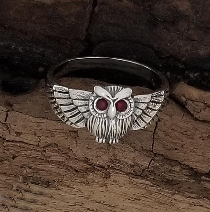 Sterling Silver Owl Ring with Synthetic Ruby, Intricately Detailed Ring Sizes Available: 5, 6, 7, 8,