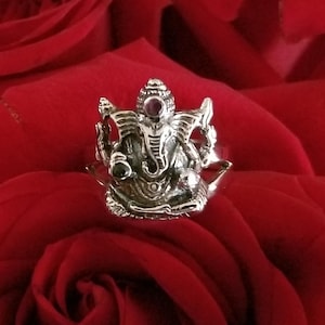 Sterling Silver || Ganesh Ring with Natural Ruby and Sapphire Gemstones. Ring size 6, 7, 8, 9, 10, 11. Ganesha Ring