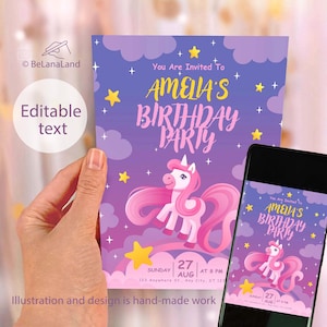 Verjaardagsuitnodiging eenhoorn – bewerkbare canvassjabloon, digitale of afdrukbare kaart voor meisjesfeest, ontwerp met wolken en sterren, e-invite babyshower