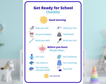 Puede incluir: Un póster enmarcado en blanco con un borde azul, que presenta una "Lista de verificación para prepararse para la escuela". La lista incluye ilustraciones y texto para las rutinas de la mañana y antes de la salida. El texto incluye "Buenos días" y "¡Que tengas un buen día!"