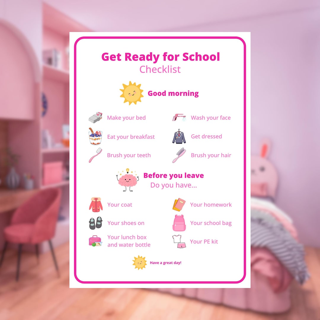 Pink Ribbon Morning Routine School Printable Morning Routine Chart for Kids, Pink โ School Morning ...
