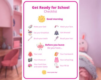 Utskrivbar morgonrutin för barn, rosa – checklista för skolmorgonen, visuellt dagsschema, skolstartsrutin, digital nedladdning