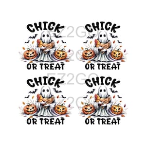 May include: A sheet of four identical Halloween-themed graphic transfers featuring a white ghost holding a brown chicken. Each design includes two orange jack-o'-lanterns, black bats, autumn leaves, and the black text CHICK OR TREAT.