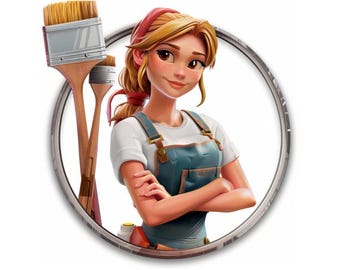 LOGO TradesWoman House Painter, Commercial, Logo Mascot, Painter Woman Personal or Business, 8" x 8", PNG, Vector, Transparent Background.