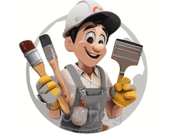 LOGO Tradesman House Painter, Commercial, Logo Mascot, Repair Man, Personal or Business, 8" x 8", png, Vector, Transparent Background.