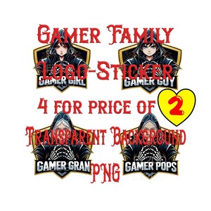 LOGO Gamer Family Gaming 4 Gamers, Ganadores de torneos, Maestro de consola, Insignia adhesiva con logotipo, Mascota, Uso personal-comercial, 8" x 8", Ampliado, PNG