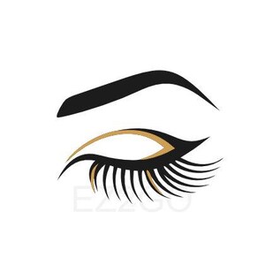 May include: A stylized eye illustration featuring a black eyebrow and eyelashes, with a gold-colored accent on the eyelid. The design is set against a clean white background, suitable for beauty and cosmetic branding.