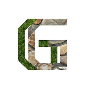 May include: The letter "G" is depicted with a unique design. The left side of the letter is filled with green grass, while the rest of the letter is composed of stones. The stones are various shades of brown, tan, and gray.