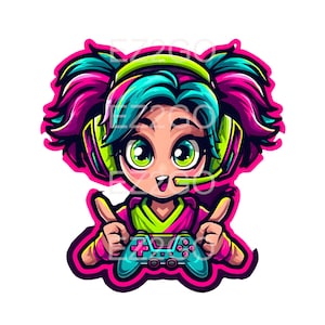 LOGO-ADESIVO Gamer Girl, Gaming Pro, Giocatrice, Vincitrice di tornei, Console Master, Distintivo, Uso personale-commerciale, 8"x 8", Ingrandito, PNG