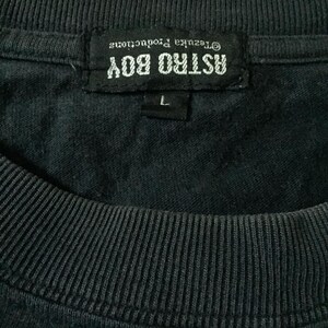 May include: A black Astro Boy t-shirt tag with white text that reads "Astro Boy" and "&copy;Tezuka Productions". The tag also has a white size label that reads "L".
