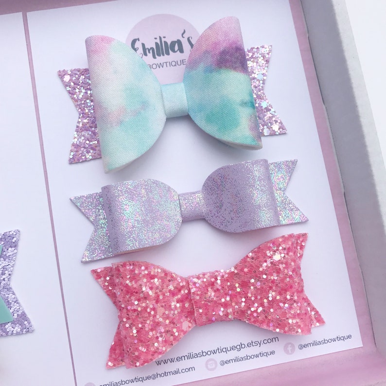 Girls Hair Bow Lilac Bow Pink Glitter Bow Birthday Gift Baby Headband Blue Lilac Bow Pastel Unicorn Girl Gift Set