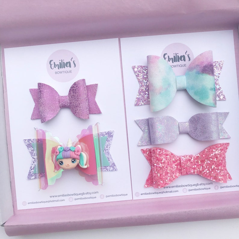 Girls Hair Bow Lilac Bow Pink Glitter Bow Birthday Gift Baby Headband Blue Lilac Bow Pastel Unicorn Girl Gift Set