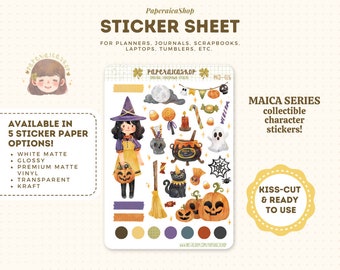 Cute Halloween Girl Sticker Sheet / Vintage Halloween Stickers, Spooky Halloween Stickers, Vintage Style Stickers, Retro Halloween Stickers