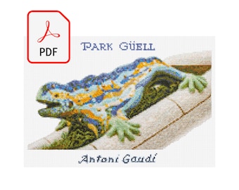 PDF, patrón punto de cruz, Barcelona, Gaudí, Drac Park Güell, Dragón parque Güell.