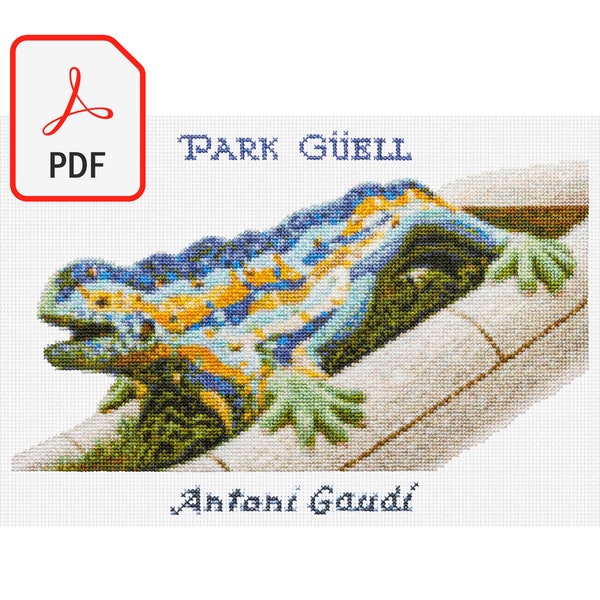 PDF, patrón punto de cruz, Barcelona, Gaudí, Drac Park Güell, Dragón parque Güell.