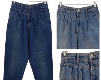 Vintage Pleated Yoke Tapered Leg Mom Jeans Size 12 Denim 80s 90s High Rise Waist