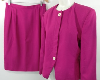 Vintage 80s 90s Skirt Suit Size 12 Hot Pink Woven Ellen Kaye Secretary Buttons